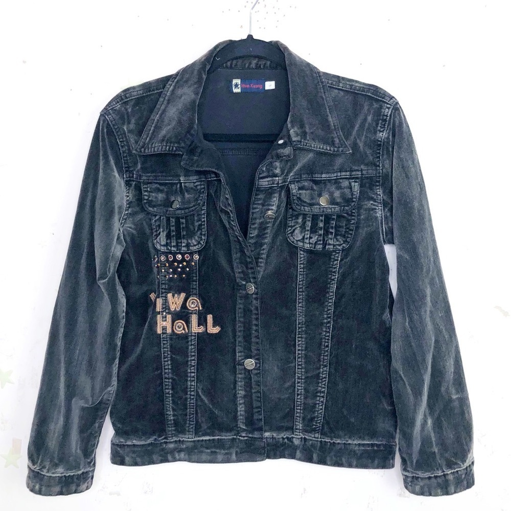 Hsin Kuang large dark Gray corduroy embellished Jean jacket